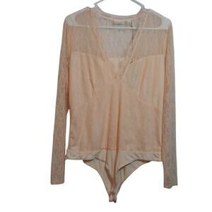 Eva Mendes Deep V Neck Lace Bodysuit Peach Long Sleeve Size L
